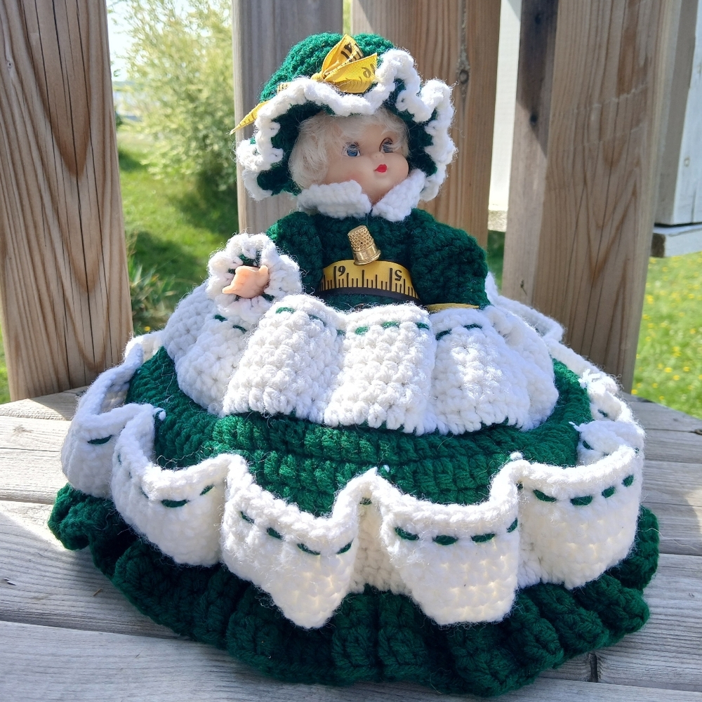 Vintage Green and White Crochet Thread Spool Doll